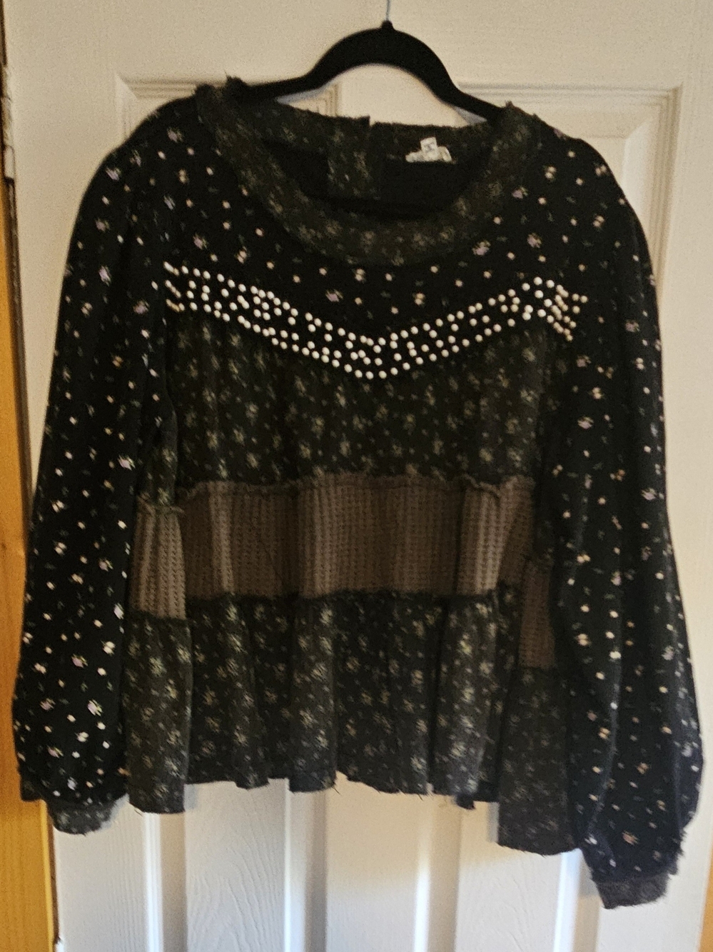 Black Floral Long-Sleeve Peasant Top with Pearl Detail